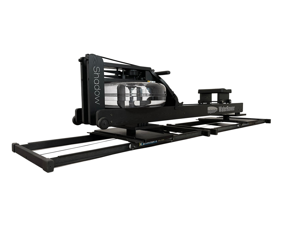 FlowRow Board für WaterRower Original, Ausführung für Concept2 Slides – Gesamtansicht mit WaterRower Shadow